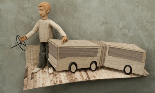 GET OFF THE BUS AT THE LAST STOP AND WAIT FOR ME!, 2014, wood/terracotta/rubber/metal, 65x100x29cm