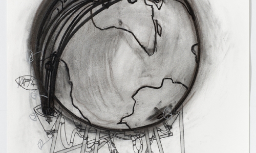THE GLOBE / THE OIL CYCLE, 2011, charcoal and pencil / paper, 103x75cm