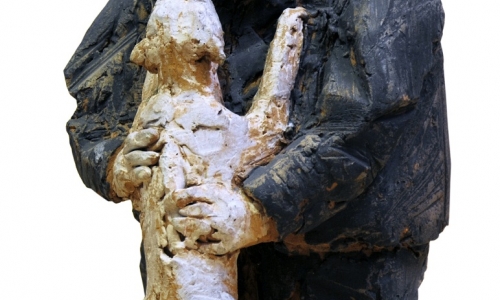 A MAN AND A DOG, 2012, painted terracotta, h 24cm
