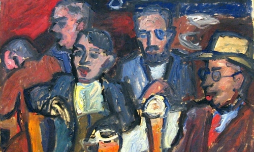 AT STRAHINJA’S PUB, 1938, oil/paper lined on canvas, 73x100cm, Milan Konjović Gallery, Sombor