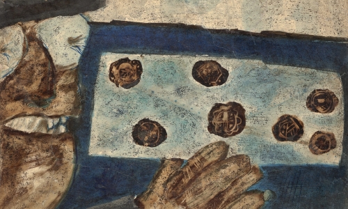 SEVEN SEALS, c.1953, coloured inks, varnish and wax on paper, 23.5x31.5cm