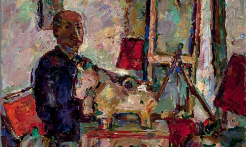 SELF-PORTRAIT AT THE EASEL AND WITH FIGURINE OG THE LION, 1965, oil on canvas, 92x73xm, private collection