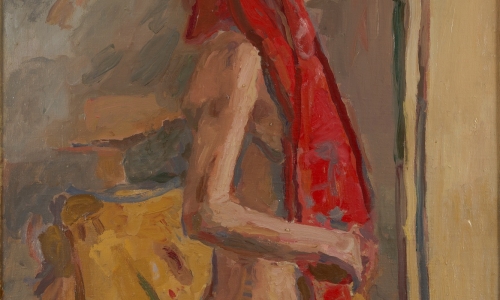 NUDE OF A WOMAN WITH RED SCARG, oil on canvas, 91.5x72.5cm, private collection