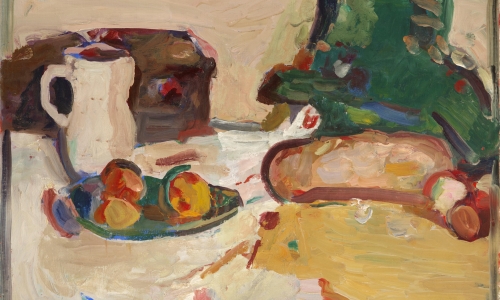 STILL-LIFE WITH A WHITE JUG AND ORANGES ON A PLATE, c. 1960, oil on canvas, 72x92cm, private collection