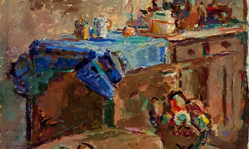 INTERIOR WITH TABLE AND COMMODE, oil on canvas, 65x54cm, private collection