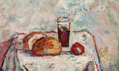 TWO LOAVES OF BRED AND A GLASS OF WINE, 1967, oil on canvas, 92x65cm, private collection