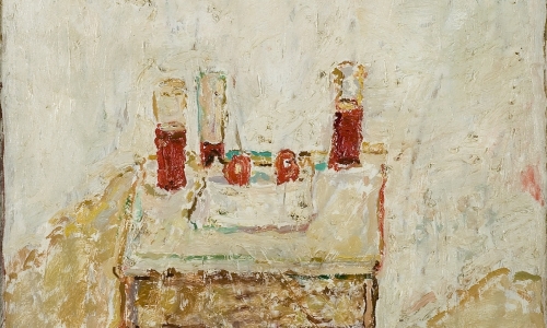 TABLE WITH GLASSES AND FRUIT, oil on canvas, 60x50cm, private collection