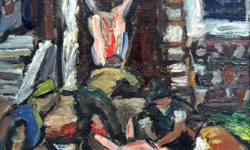 KLANJE SVINJE, 1945, ulje/karton, 46x55cm, Galerija Milan Konjović, Sombor