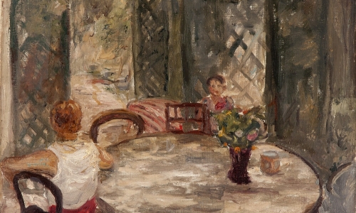 AT THE TABLE ON TERRACE, 1929, oil on canvas, 54x65cm, private collection