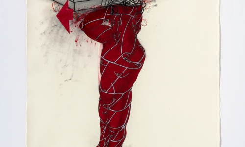 CRVENO ILI CRNO, 2017, ugalj, olovka, pigmenti, akrilne boje i kolaž, 170 × 125 cm