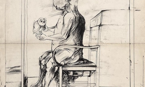 MAN WITH AN OWL, 1960, India ink on paper, 87.8 × 62 cm