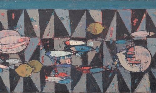 HORIZONTALNA MRTVA PRIRODA, 1956, ulje na platnu, 50 × 130 cm